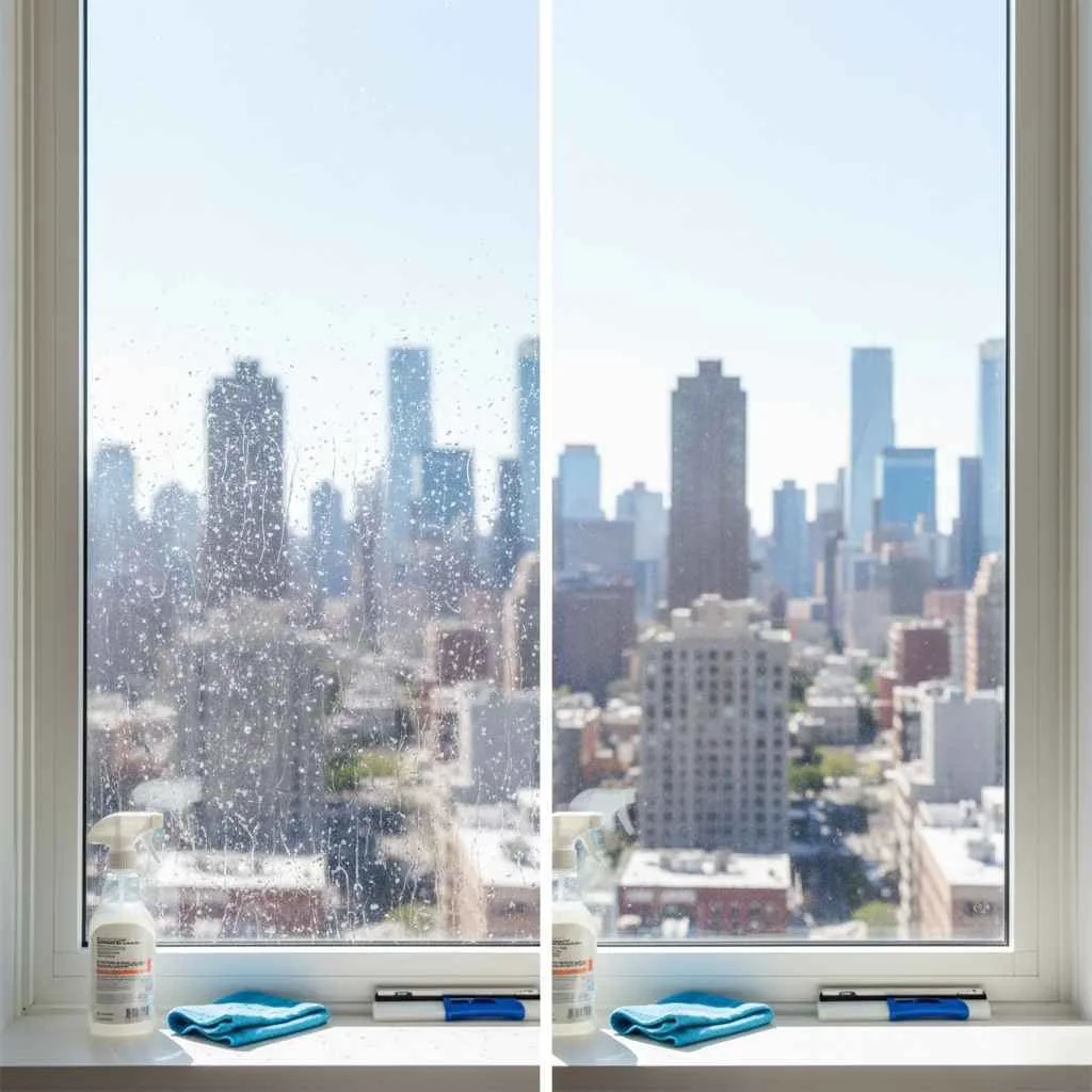 Before and after comparison of water spot removal on glass