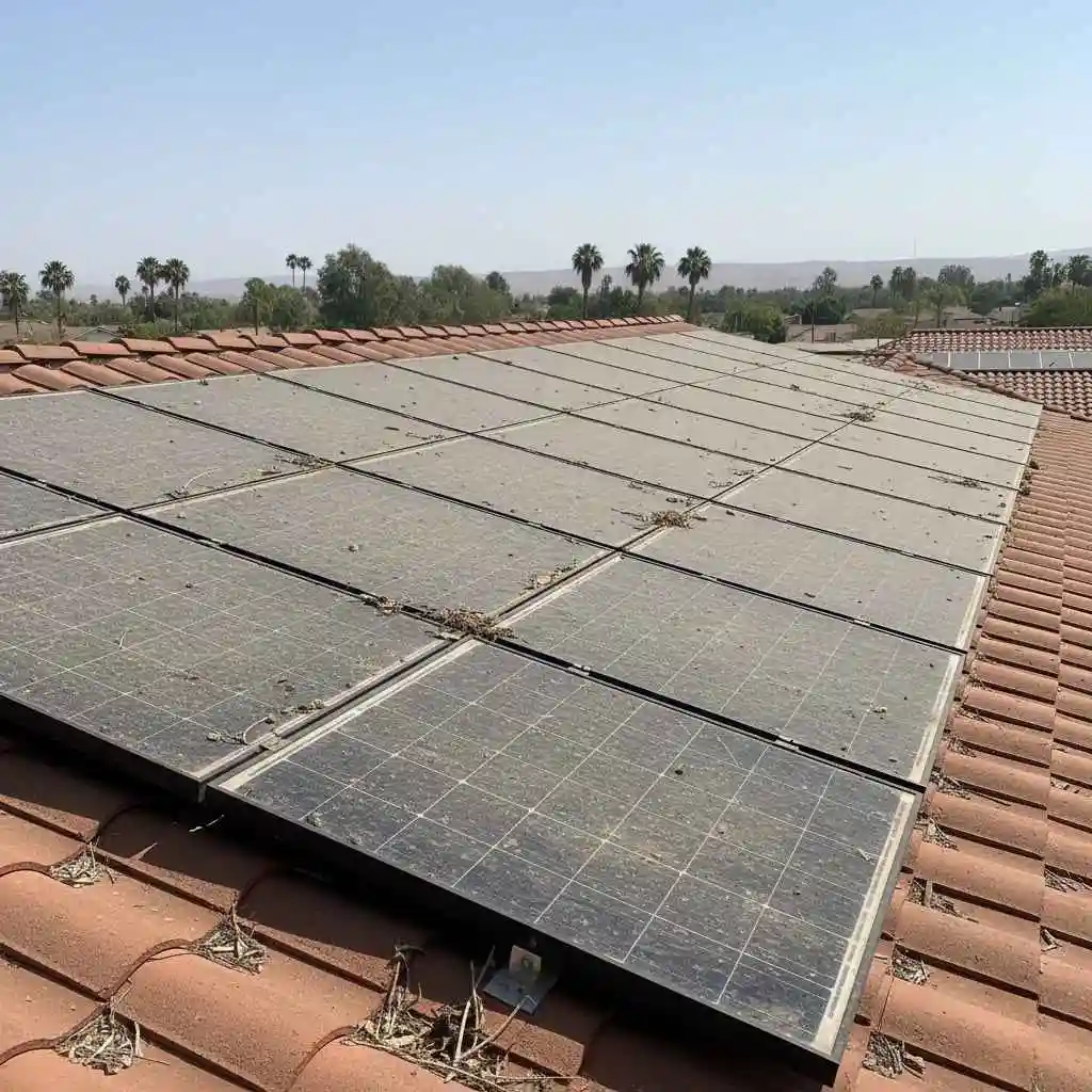 Fresno rooftop with visible dirt and debris on panels