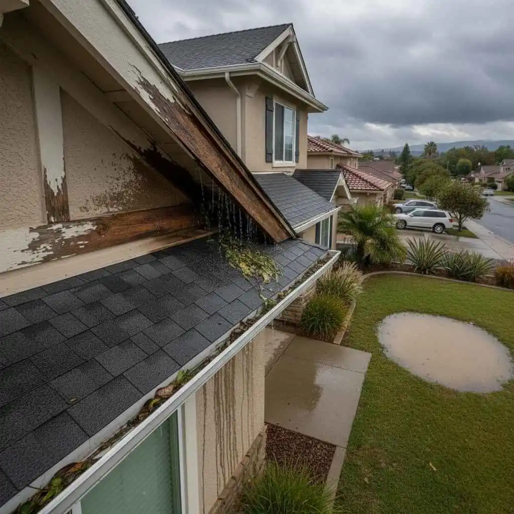 Overflowing rain gutter damaging roof edge on Clovis home