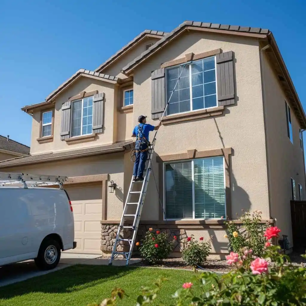 Professional technician using proper tools to clean a high second story window.
