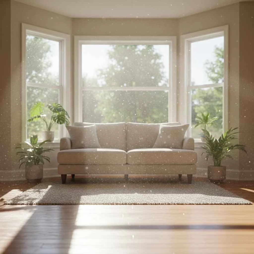 Sunlight streaming through freshly cleaned living room windows