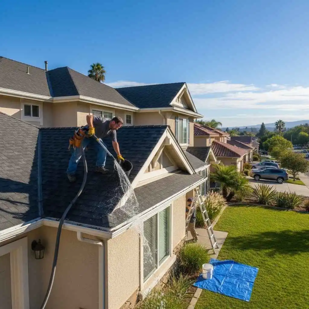 Technician flushing clean gutters on Clovis home