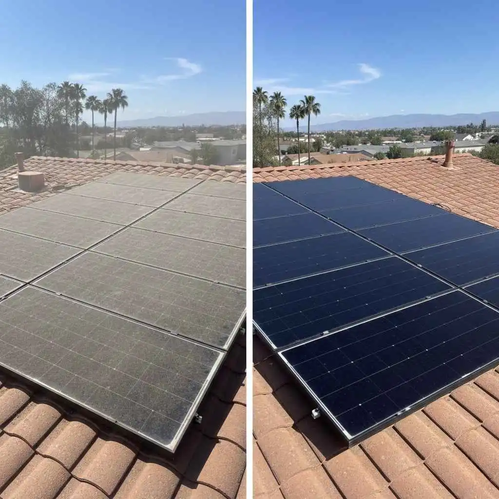showing before and after solar panel cleaning in Fresno