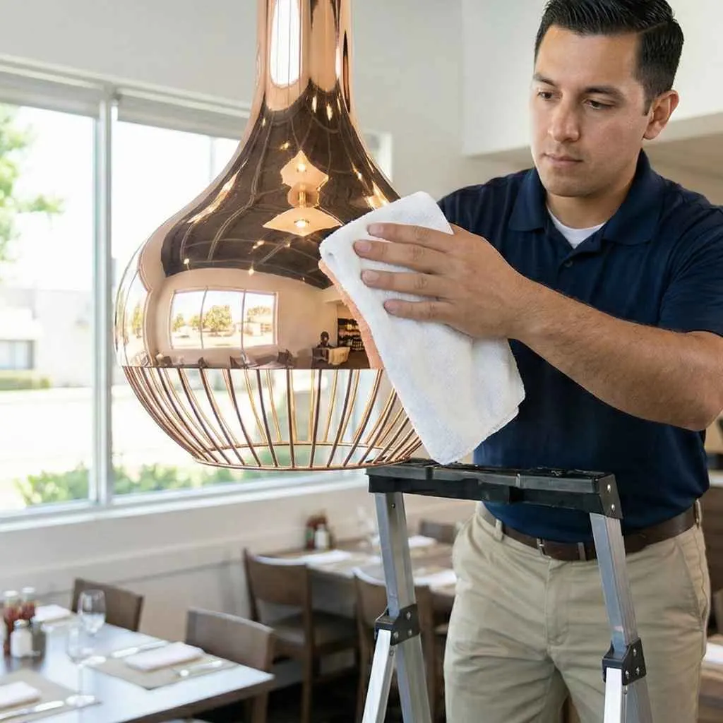 bright, freshly cleaned restaurant light fixture being polished.