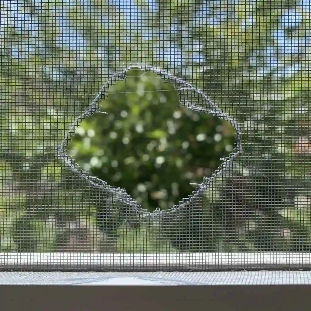 close up torn window screen mesh