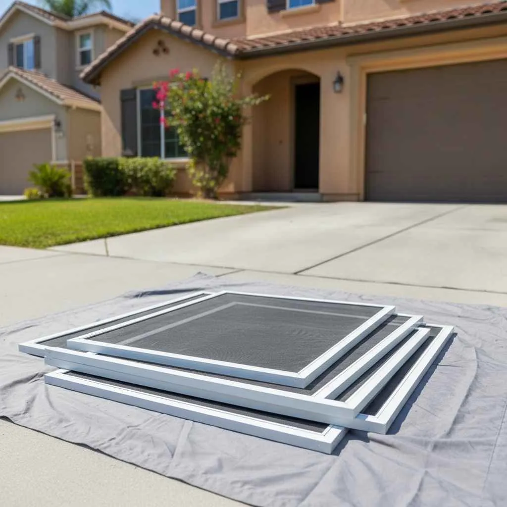 new custom fit window screens stacked and ready for installation