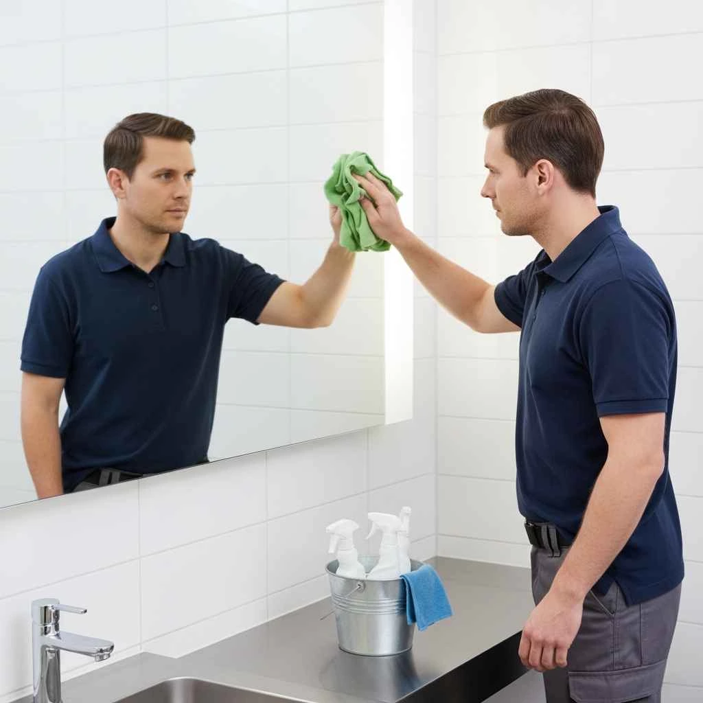 professional cleaner polishing office restroom mirror