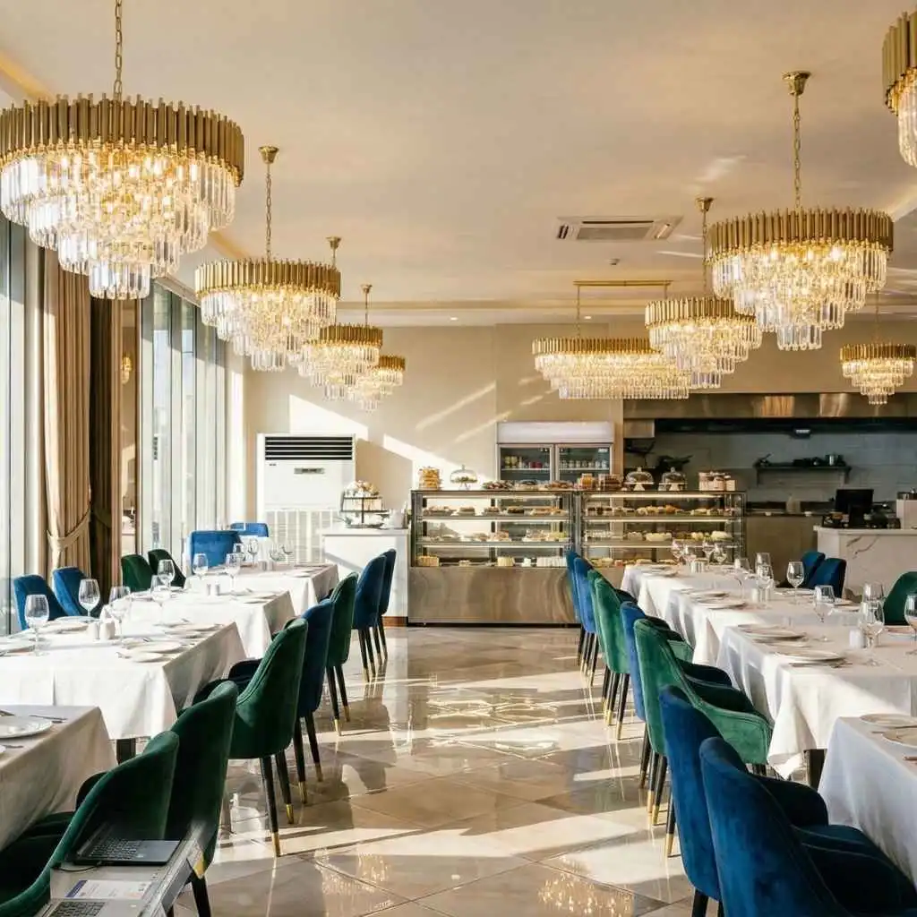 sparkling restaurant interior with bright lighting.