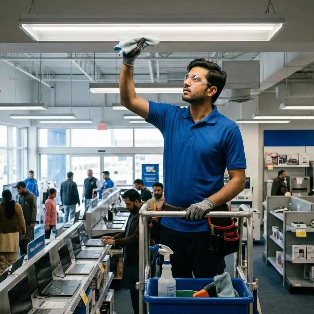 technician cleaning a commercial light fixture in a retail store.