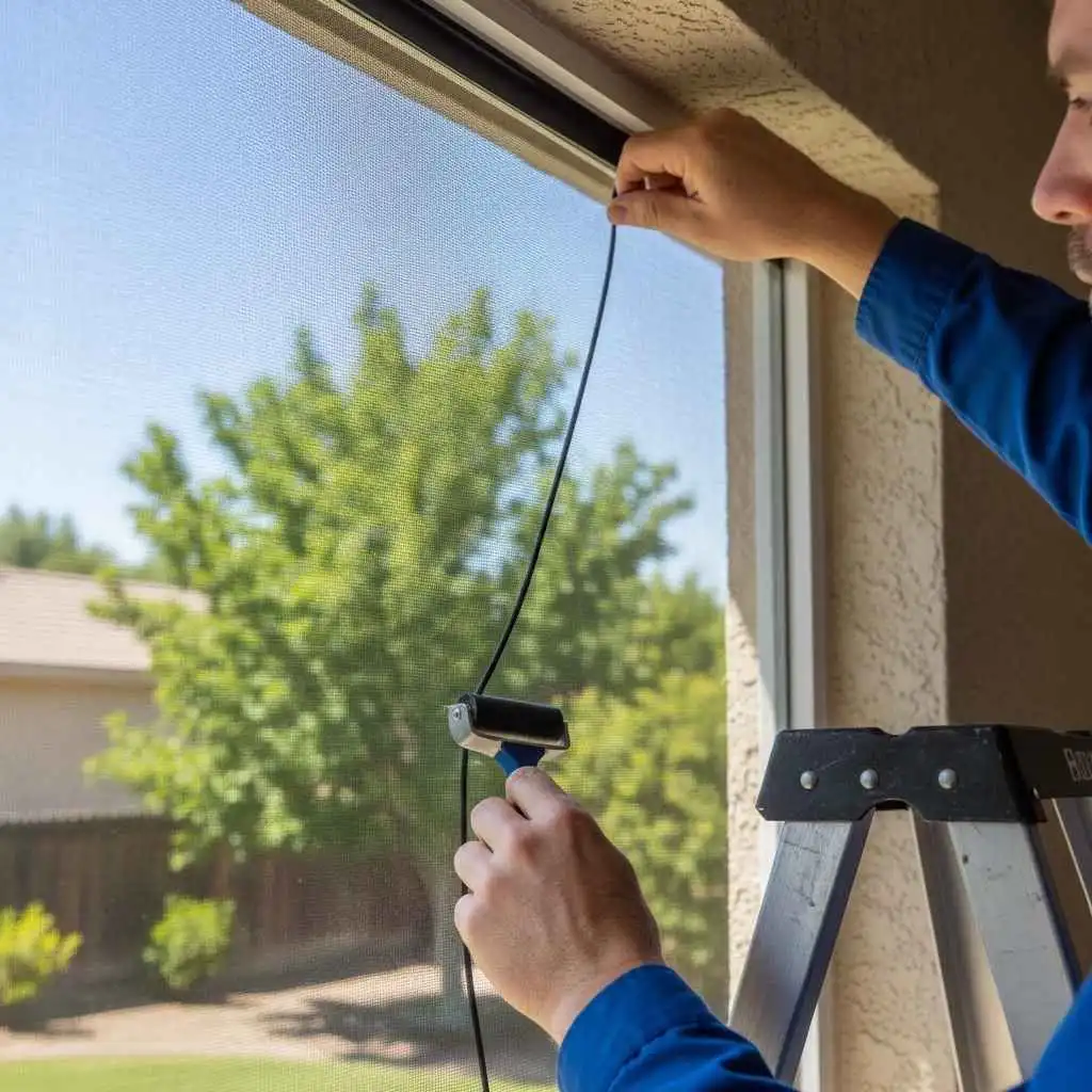 technician installing new screen on window