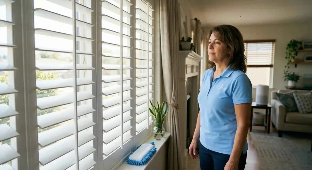 clean white plantation shutters with sunlight coming through.