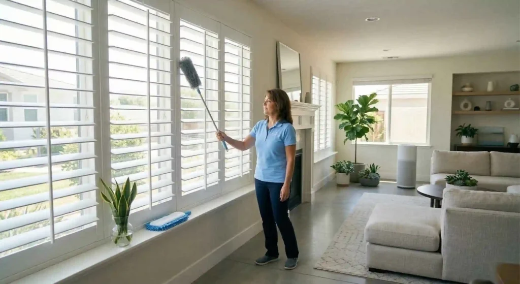 modern living room with clean blinds and bright natural light.