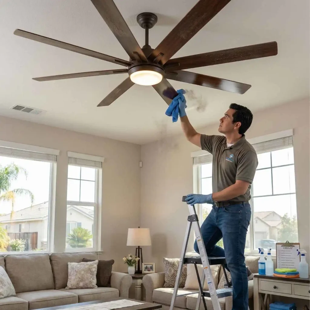 professional cleaner wiping a ceiling fan blade.