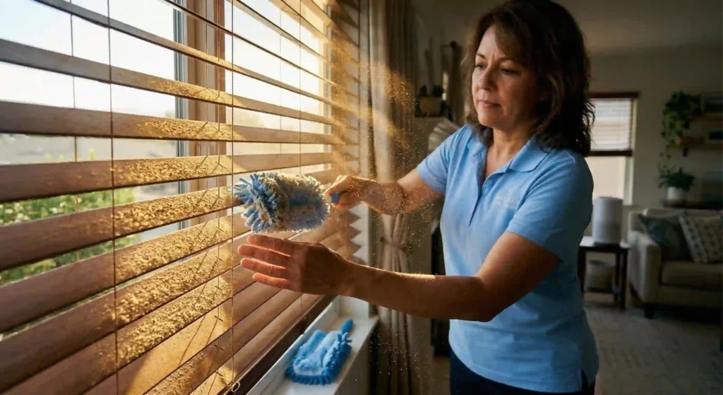 sunlight highlighting dust buildup on window blinds.